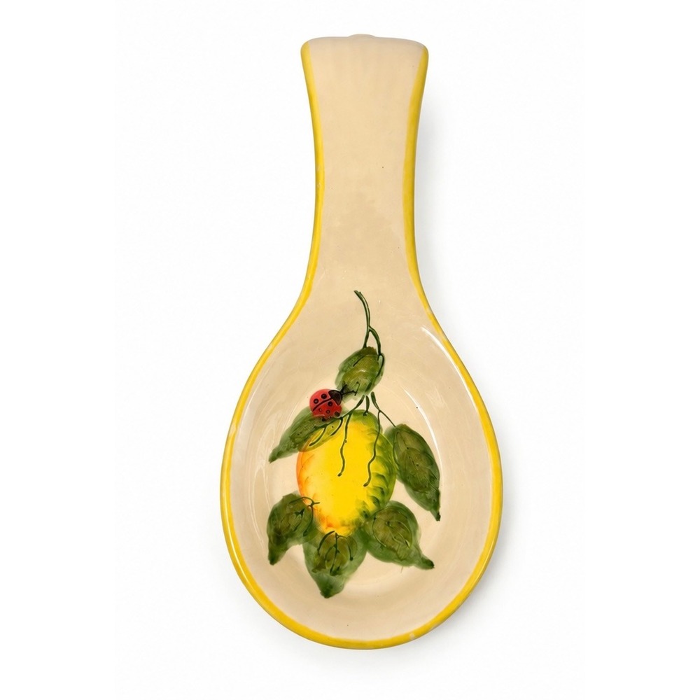Hand painted Italian Ceramic Spoon Reatc Lemon Yellow Flower ladybug 🐞